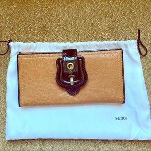 FENDI cognac tan and black patent leather wallet